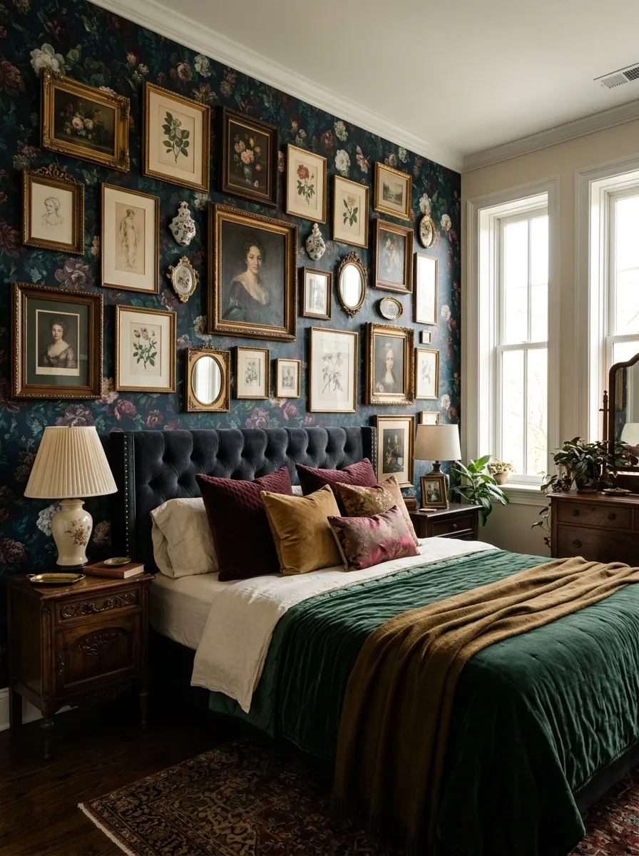 Maximalist Floral Bedroom With a Layered Salon Wall