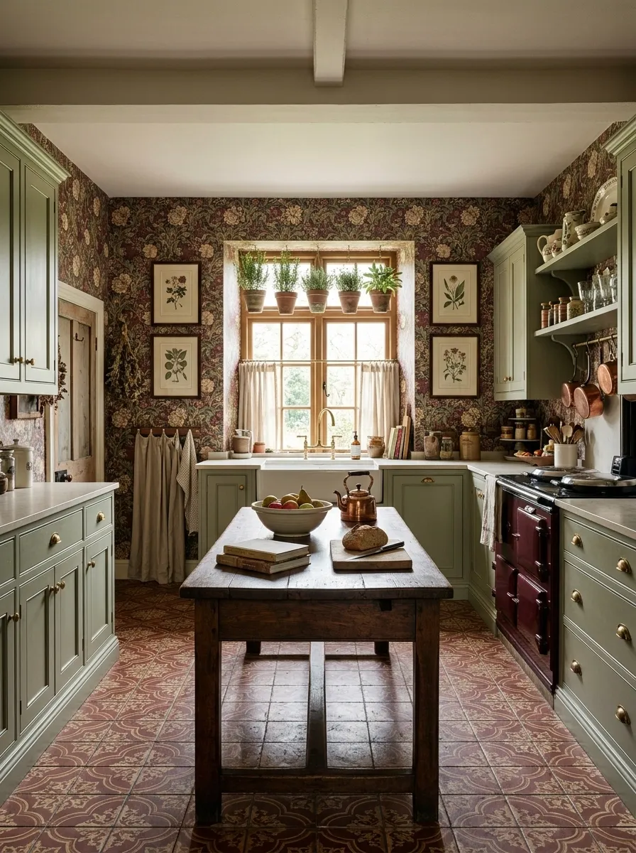 Maximalist Vintage Kitchen With Floral Wallpaper
