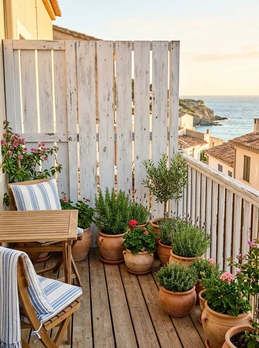 Mediterranean Balcony With Whitewashed Privacy Screens
