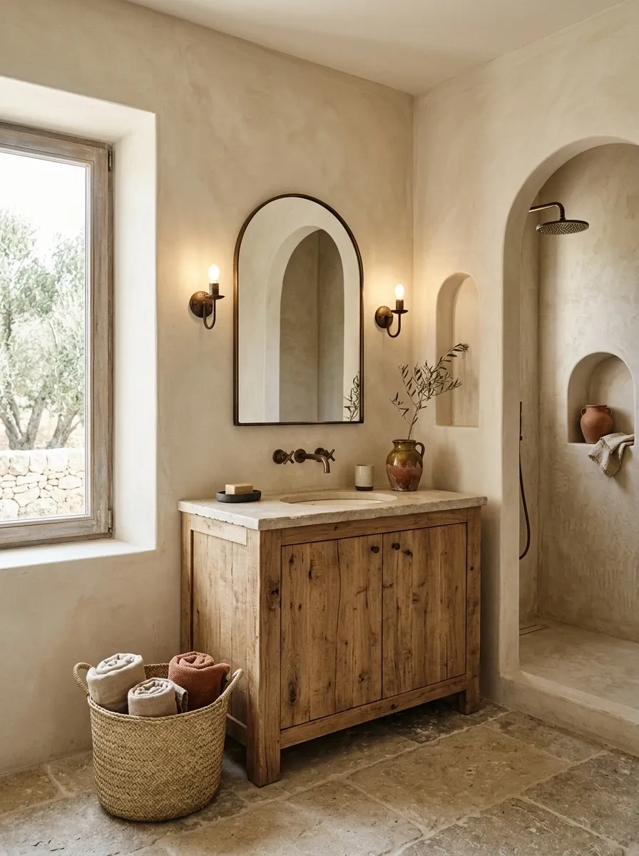 Mediterranean Bathroom With Limewashed Walls and Tumbled Stone