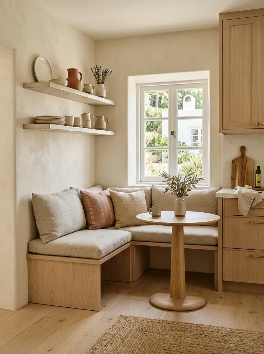 Mediterranean Corner With Open Shelves and a Built-In Bench