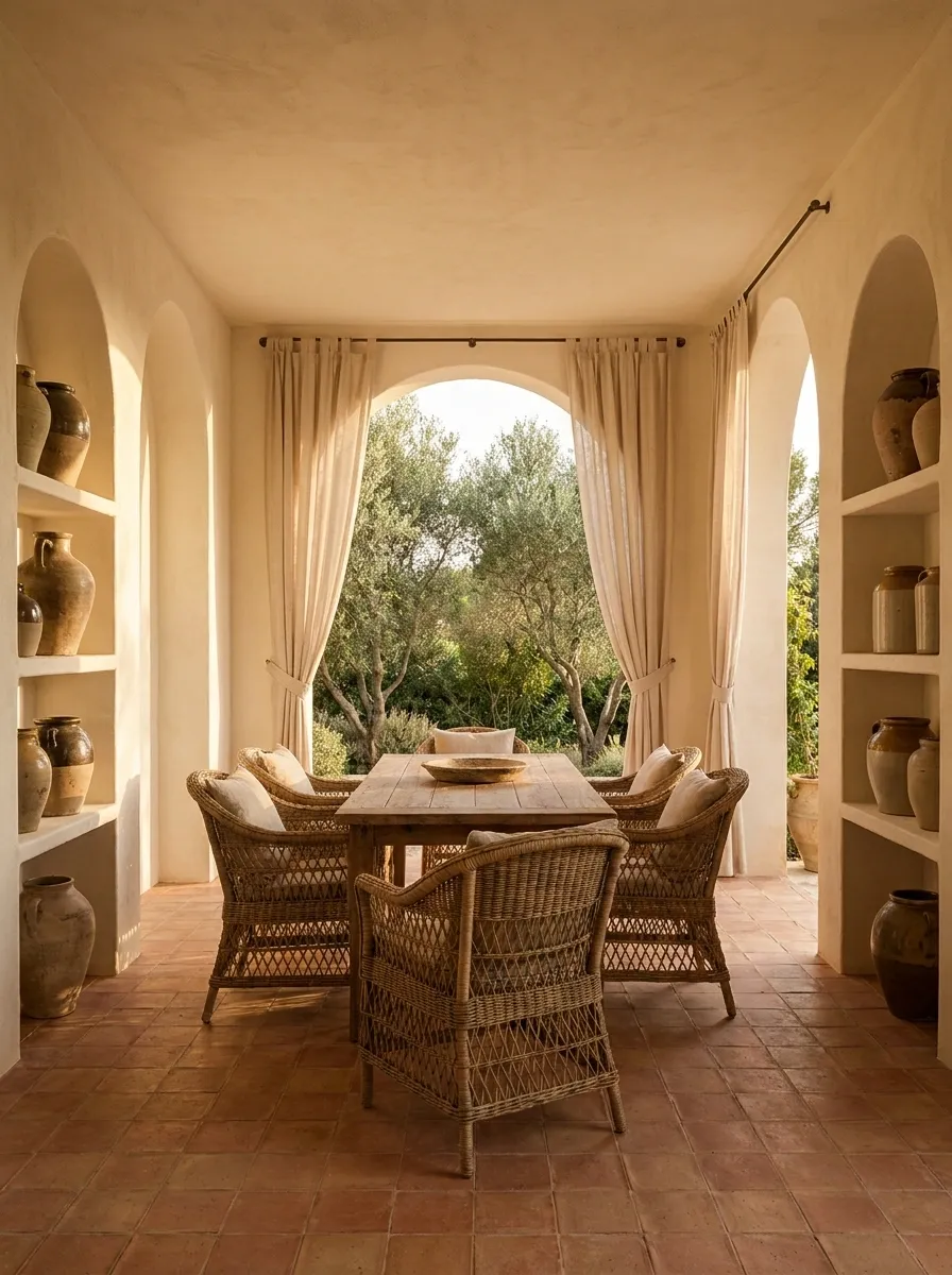 Mediterranean Garden Room With Terracotta and Arched Details