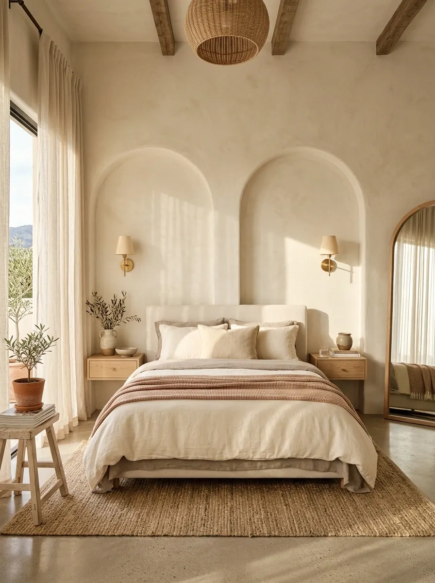 Mediterranean-Inspired Bed Wall With Limewashed Arches