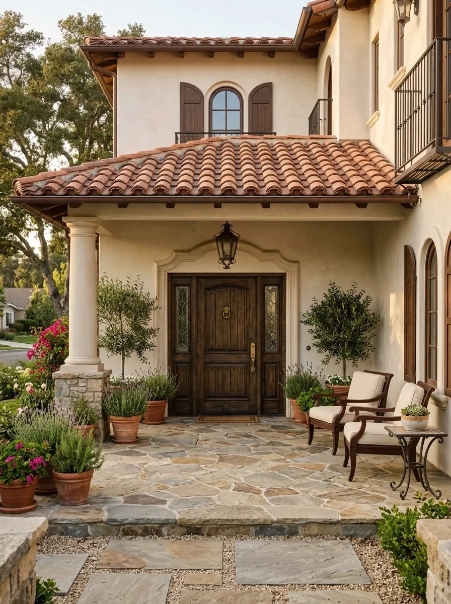 Mediterranean-Inspired Porch With Tiled Roof and Stucco Columns