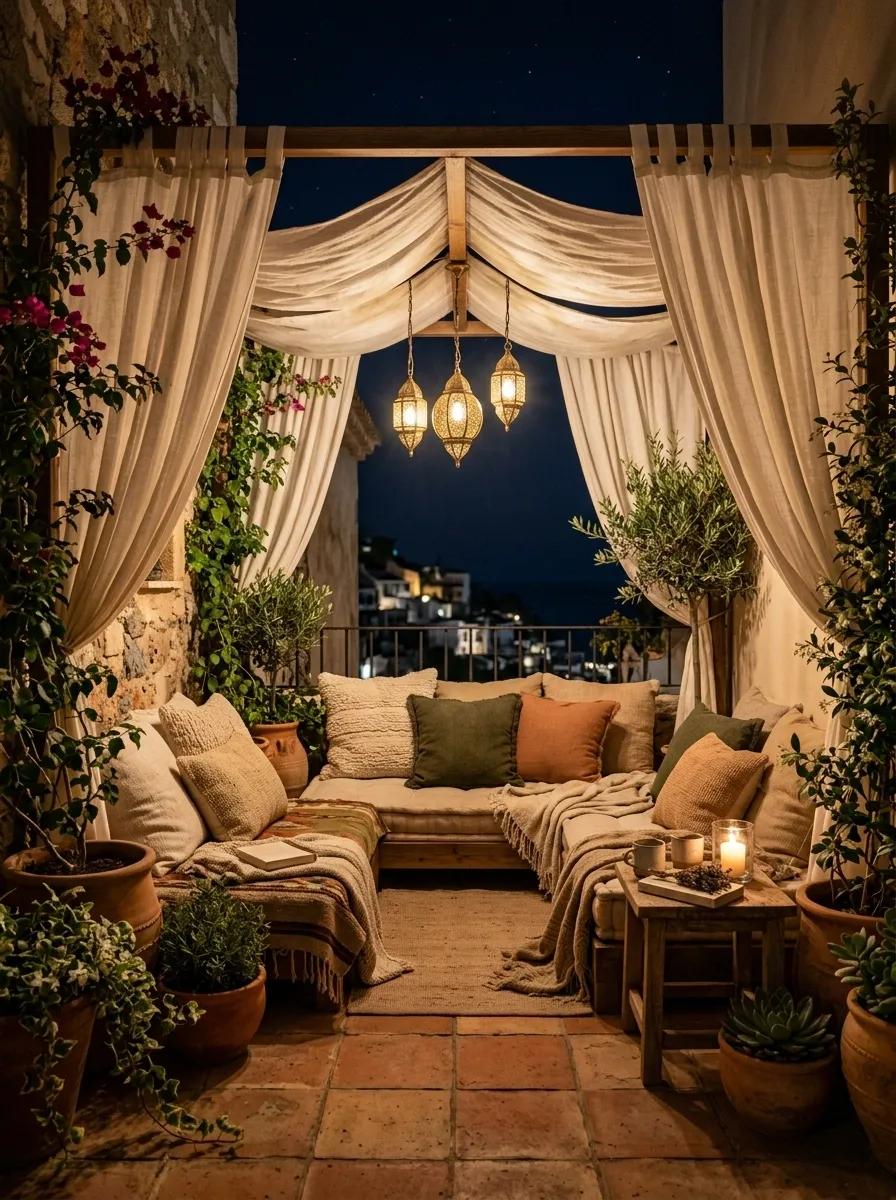 Mediterranean Night Balcony With Draped Canopy and Lanterns