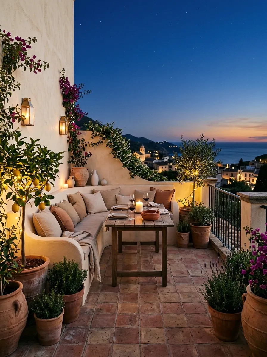 Mediterranean Night Garden With Citrus Trees and Built-In Bench Seating