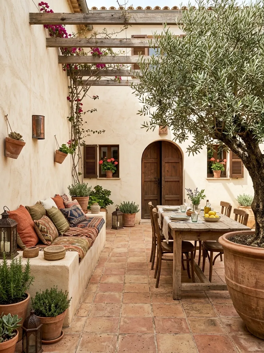 Mediterranean Patio With Terracotta, Stucco, and Olive Trees