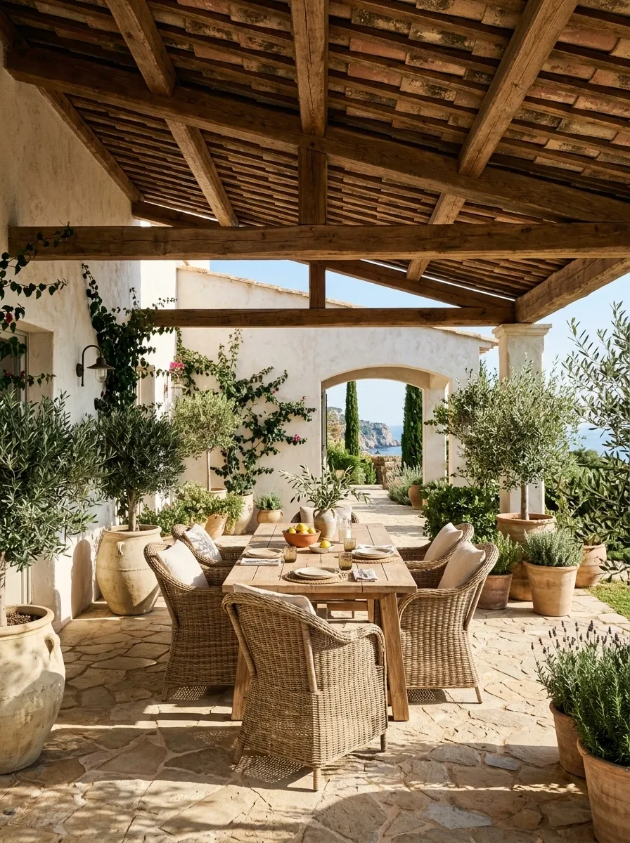 Mediterranean Pergola With Clay-Tiled Roof