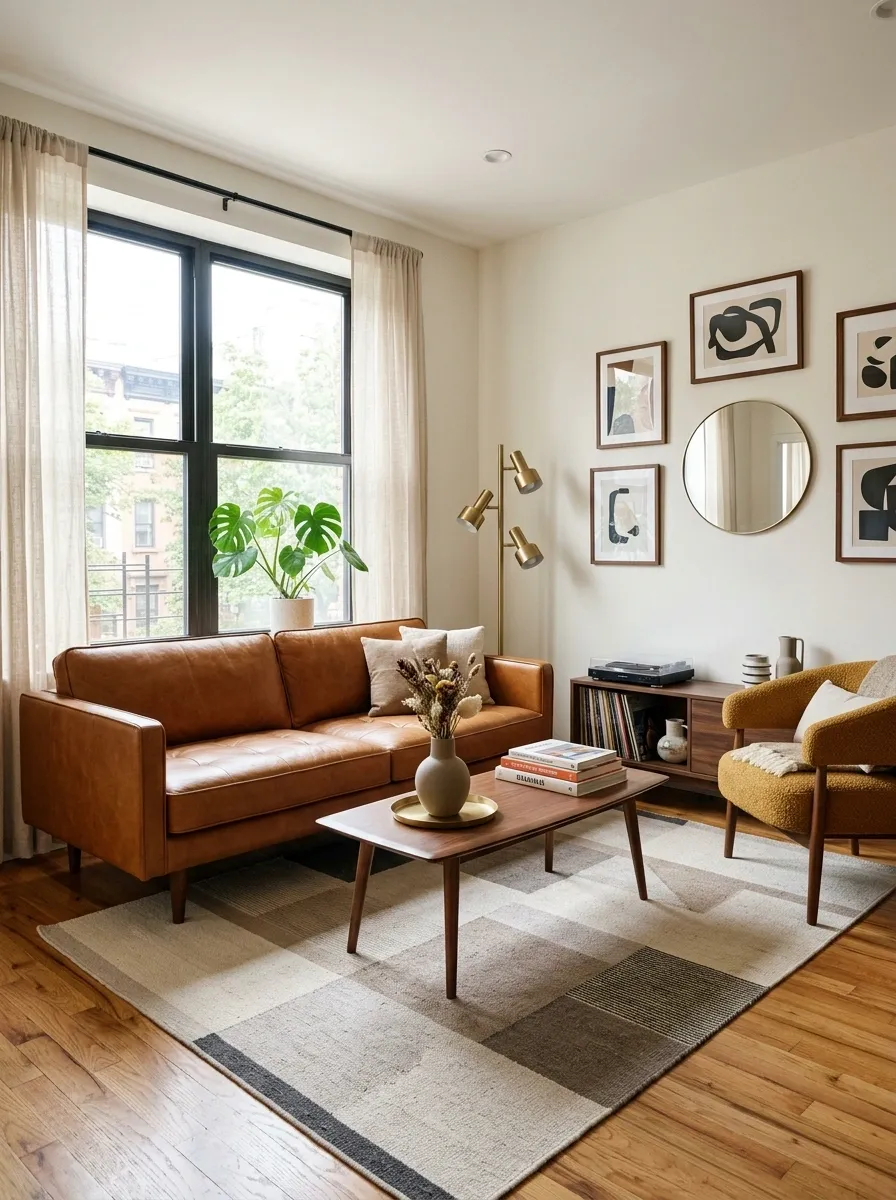 Mid-Century Apartment Living Room With a Caramel Sofa