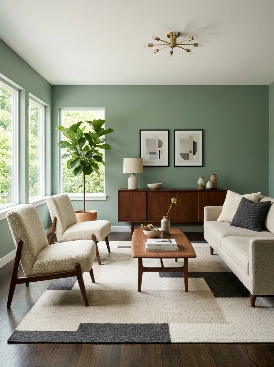 Mid-Century Green Living Room With Walnut Furniture