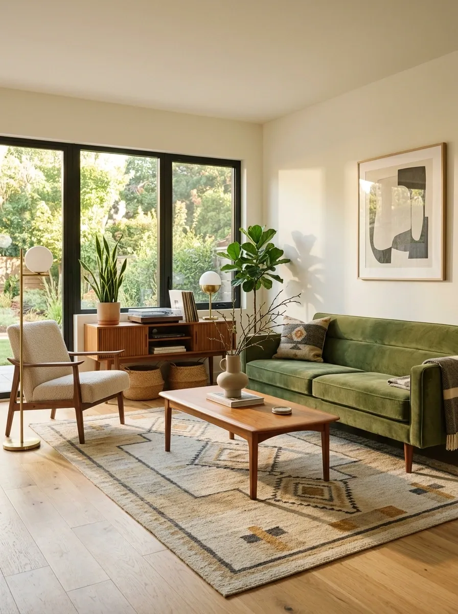 Mid-Century Green Sofa With Teak and Warm Neutrals