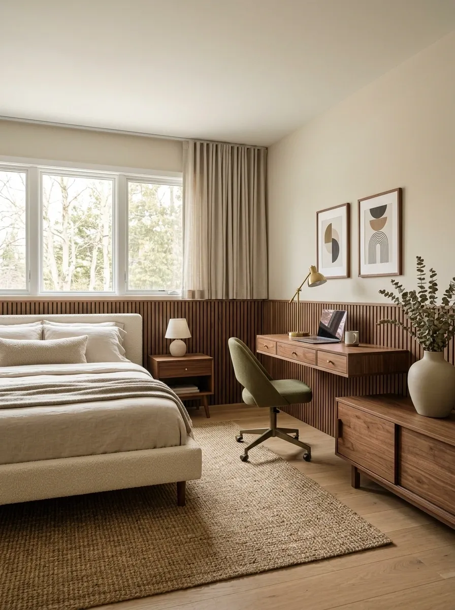 Mid-Century Guest Room With a Floating Walnut Workstation
