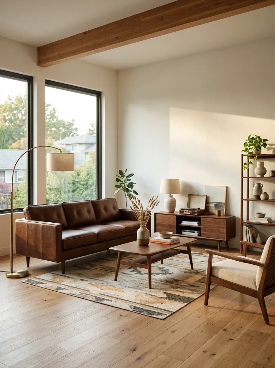 Mid-Century Living Room With a Walnut Brown Sofa