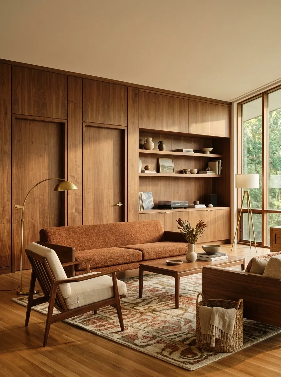 Mid-Century Living Room With Doors Integrated Into the Woodwork