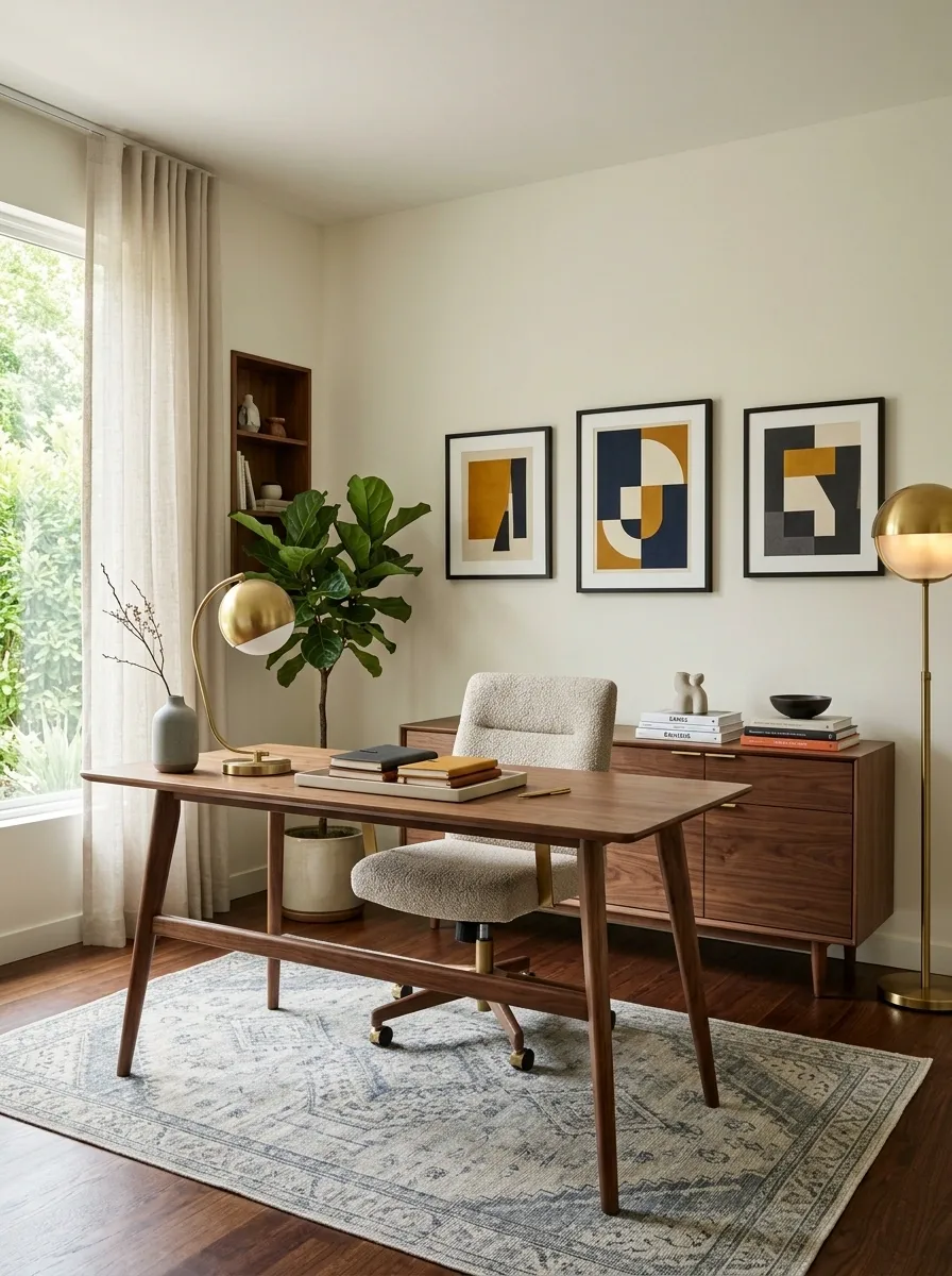 Mid-Century Office With a Sculptural Desk and Credenza