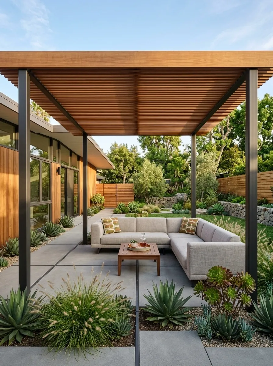 Mid-Century Pergola With a Warm Wood Roof