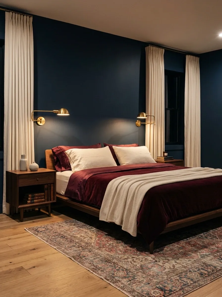 Midnight Blue Bedroom With Burgundy Bedding and Brass Lighting