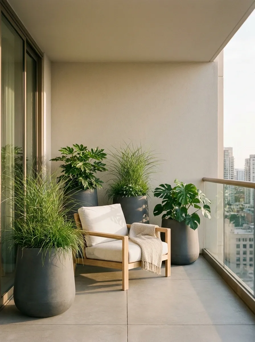 Minimal Balcony With Three Oversized Matching Planters