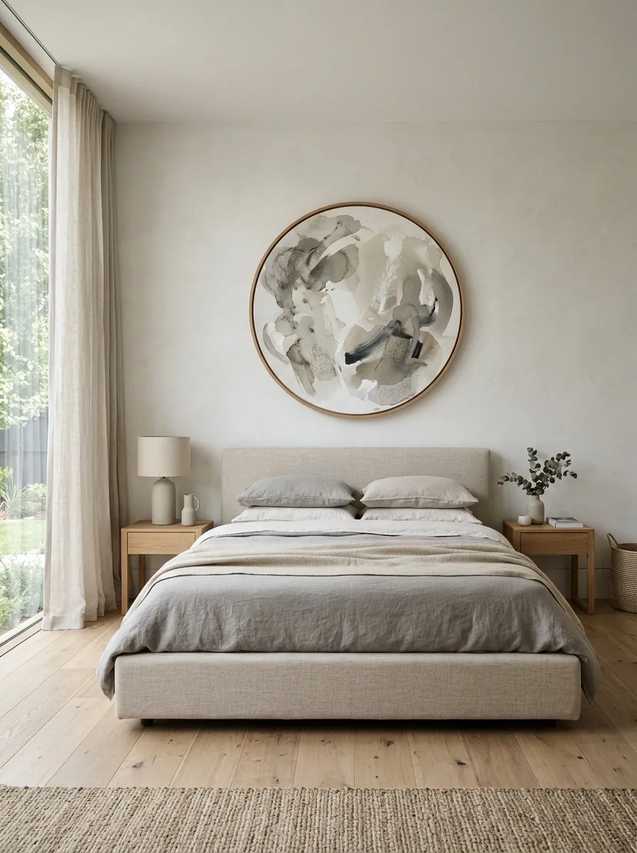 Minimal Bedroom With One Oversized Round Artwork