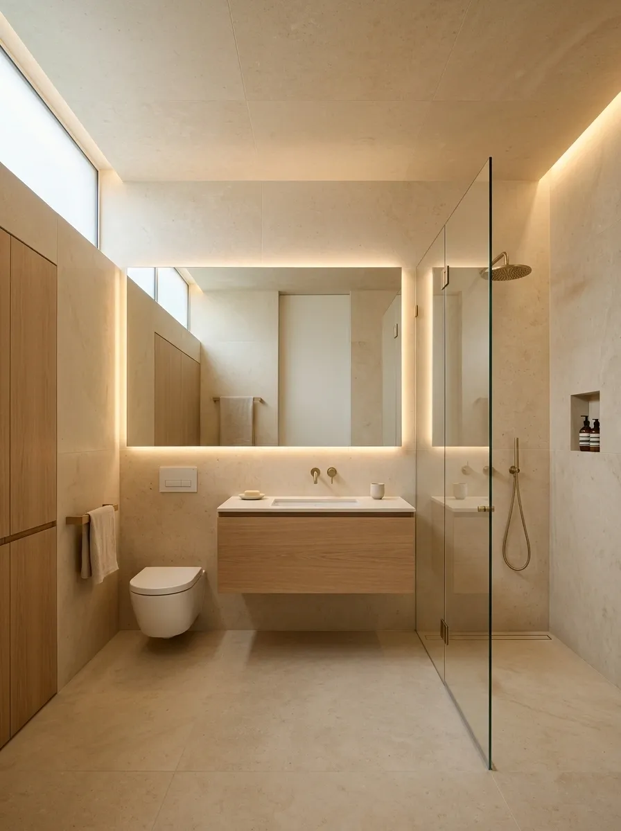 Minimal Beige Bathroom With Full-Height Slab Surfaces