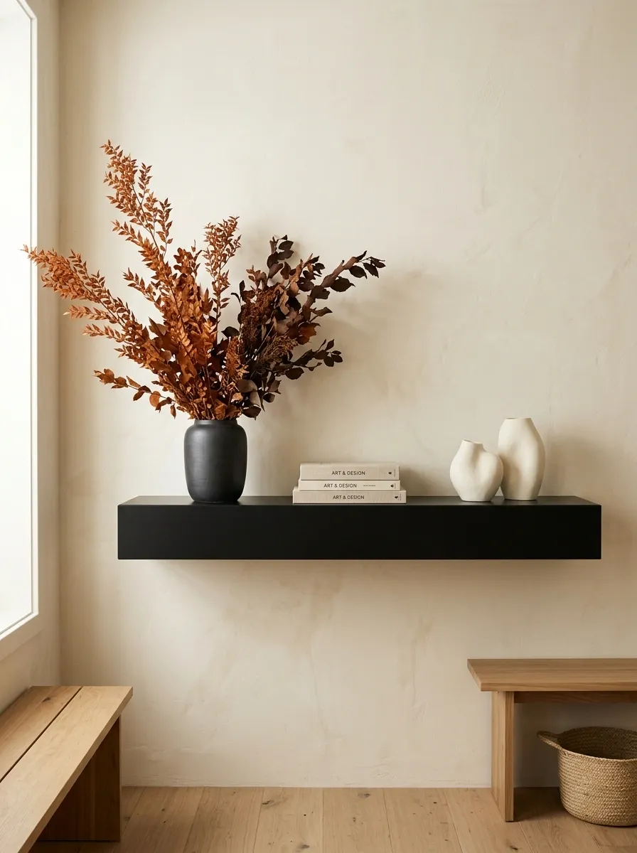 Minimal Black-and-Cream Shelf With One Dramatic Fall Arrangement