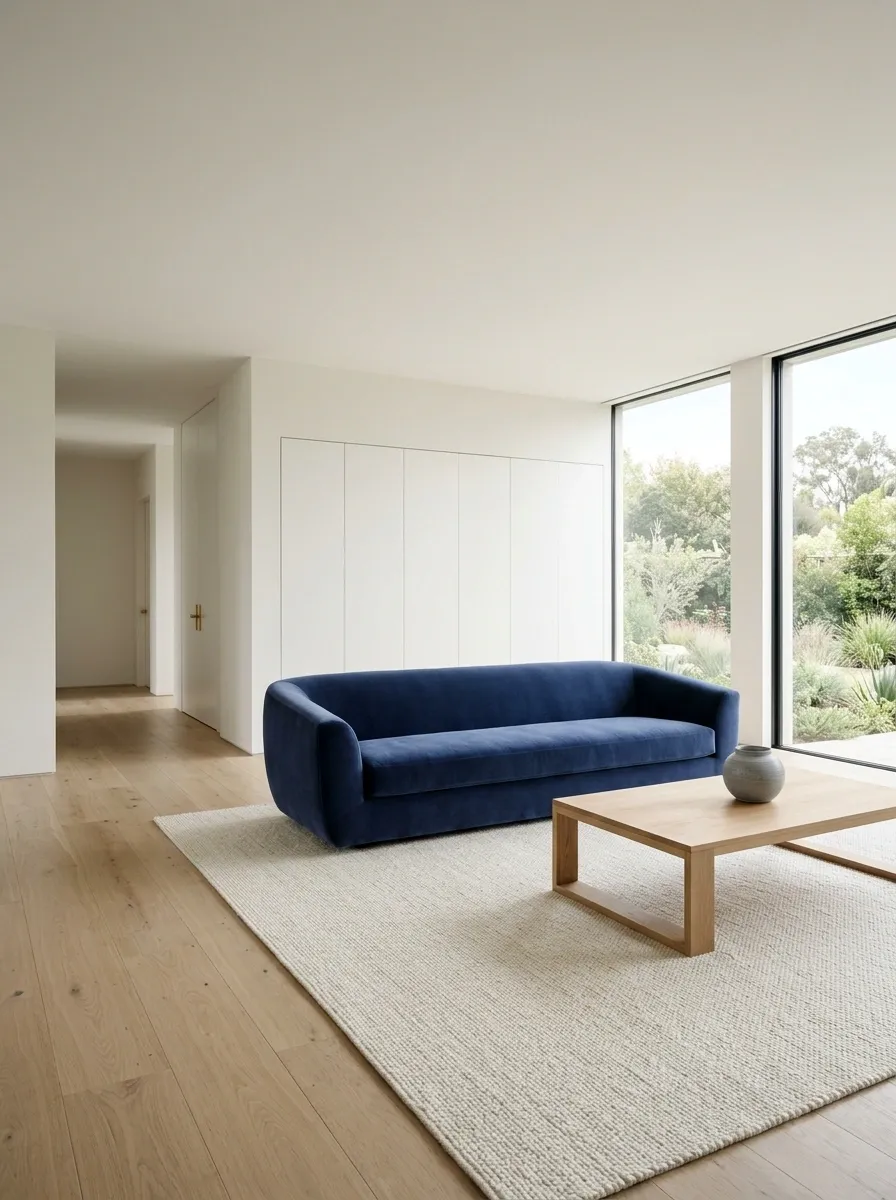 Minimal Blue Sofa Living Room With Almost No Decor