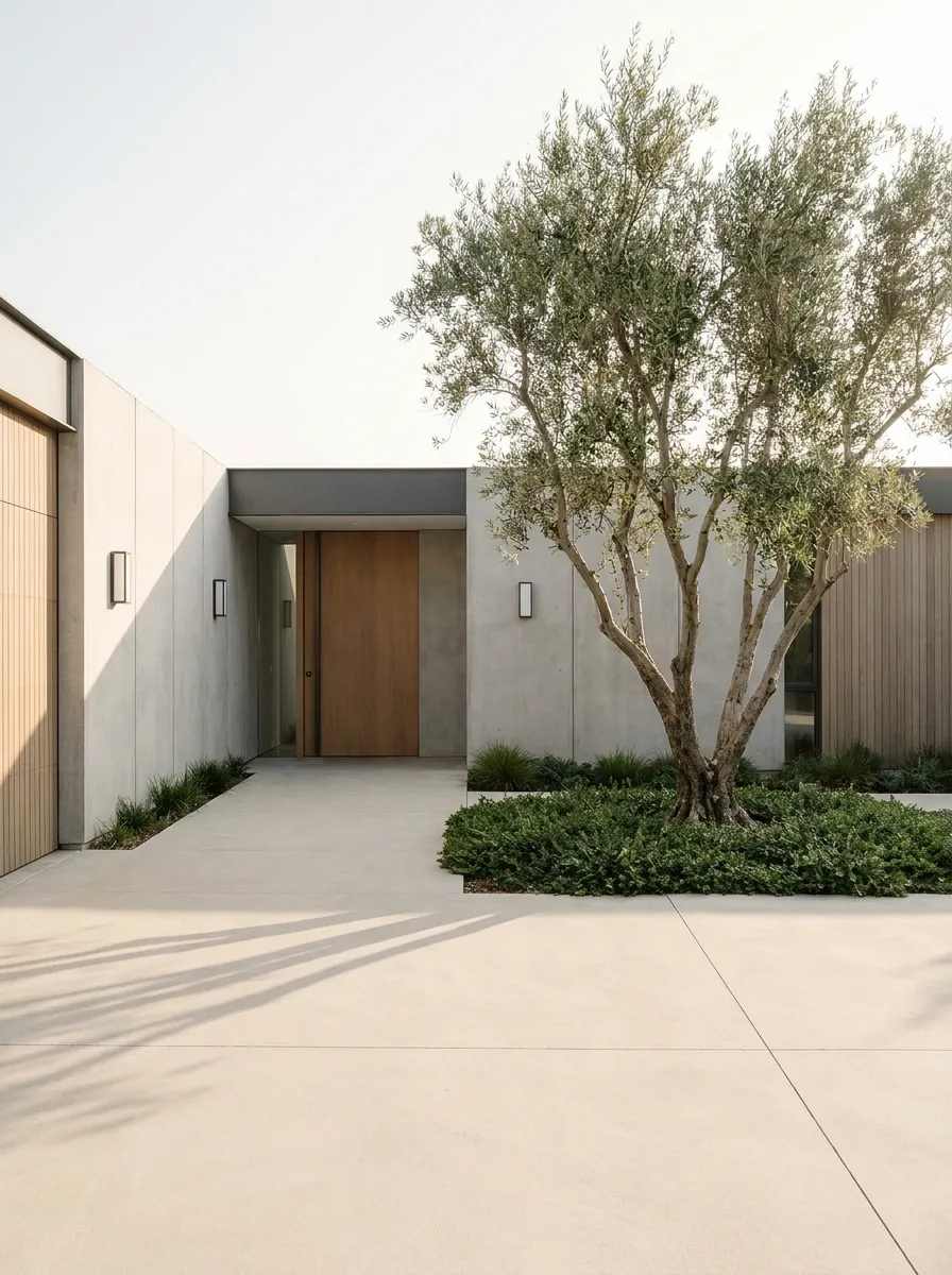 Minimal Concrete Drive With One Sculptural Tree