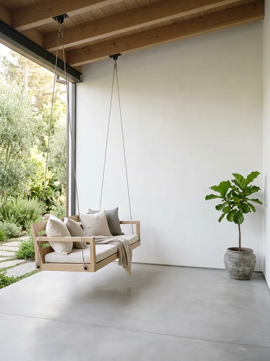 Minimal Covered Porch With Floating-Look Wood Swing