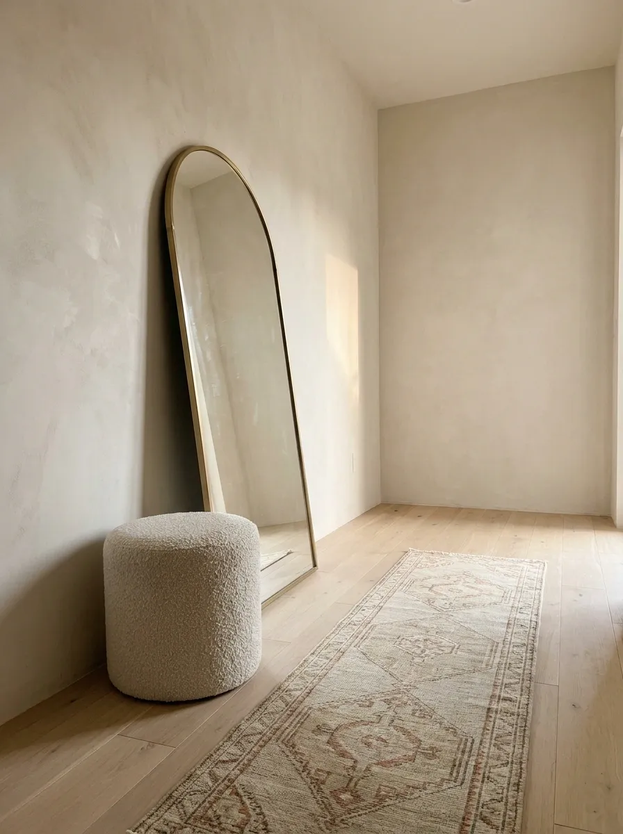 Minimal Entryway With a Tall Mirror, Tiny Stool, and Almost Empty Floor