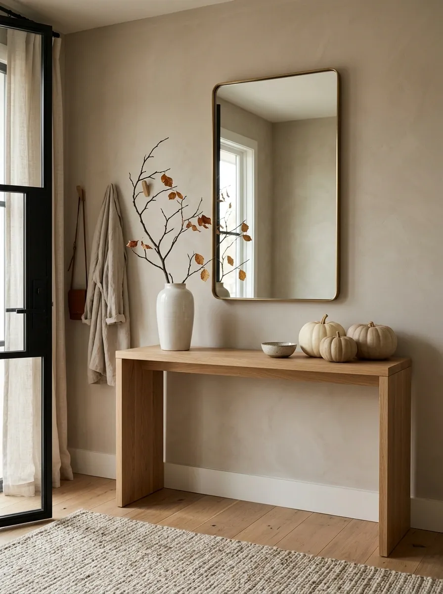 Minimal Fall Entry With One Branch, Three Pumpkins, and Empty Space