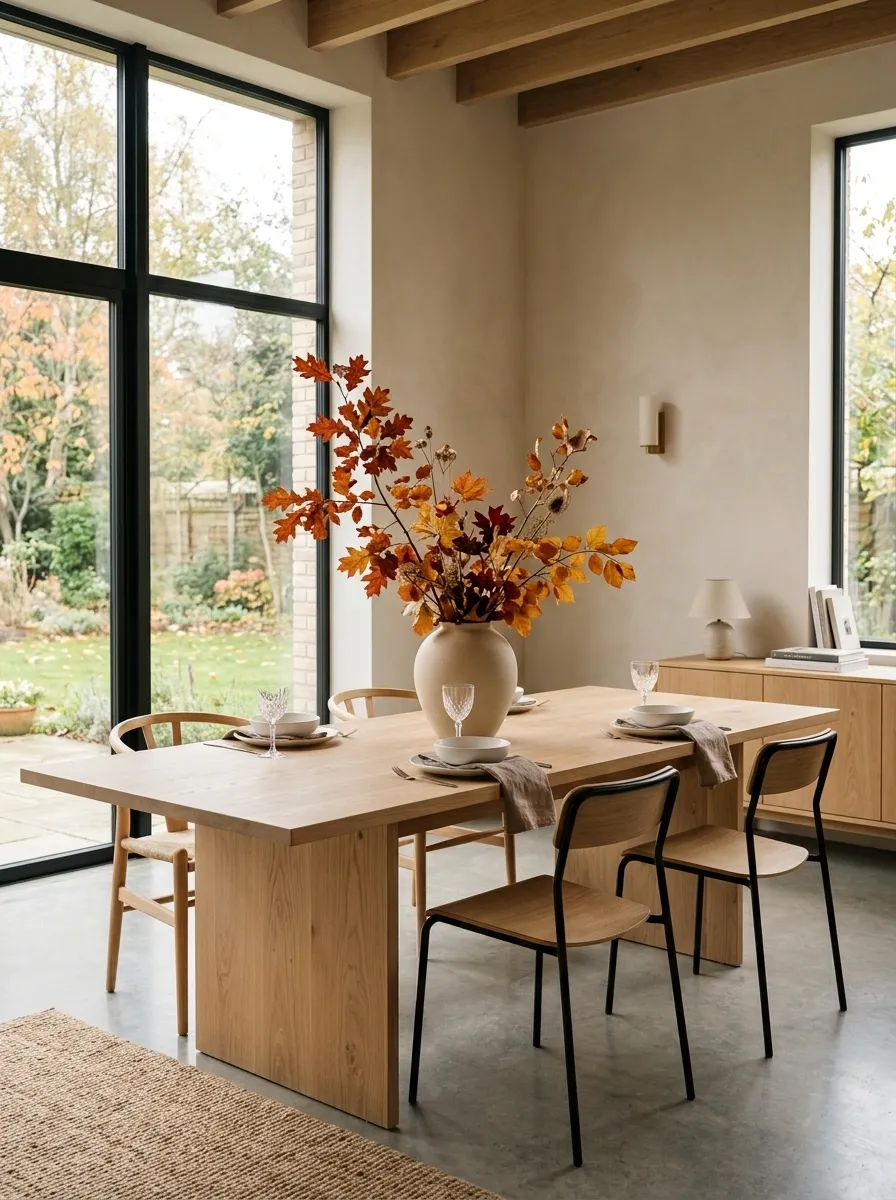 Minimal Fall Table With Sculptural Branches and White Ceramics