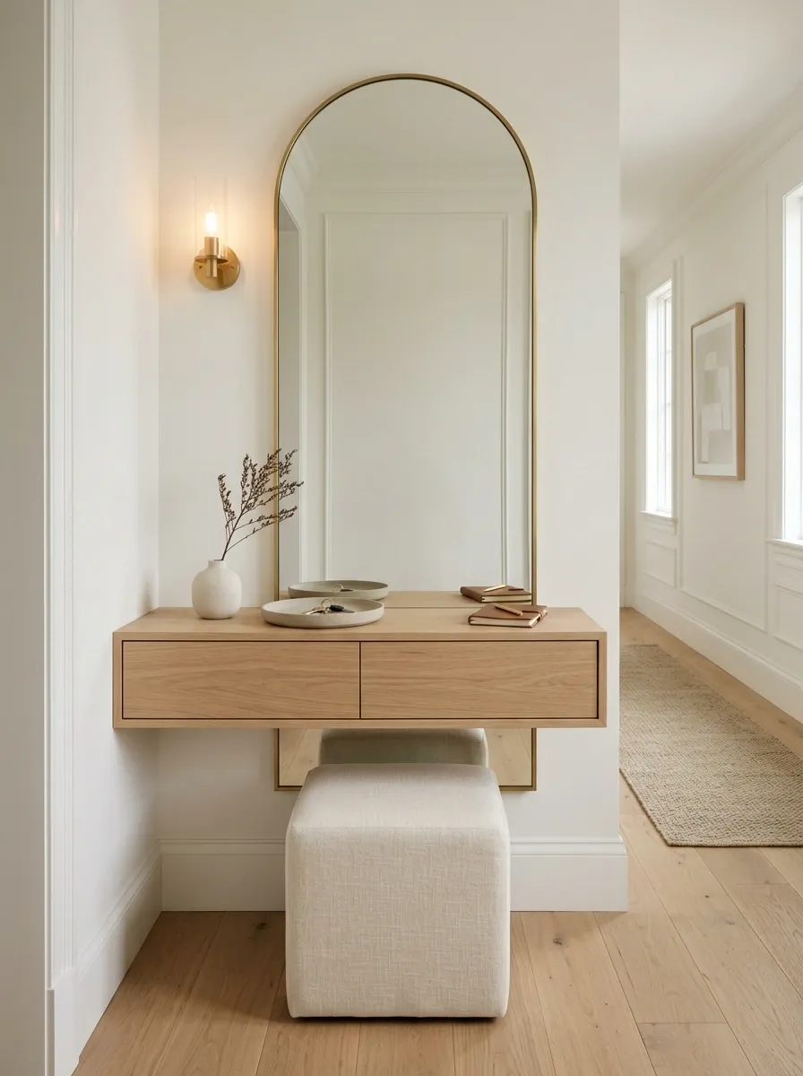 Minimal Floating Console Under a Tall Vertical Mirror