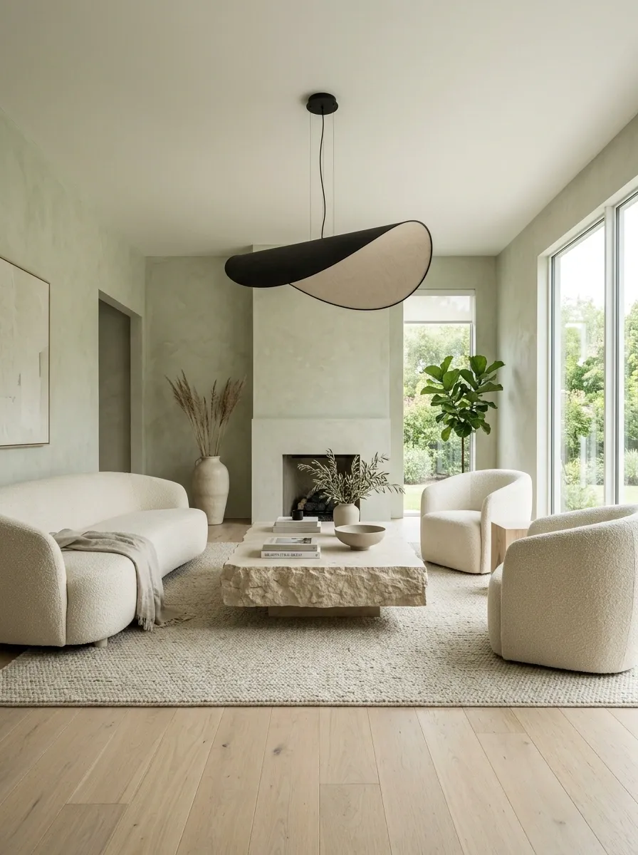 Minimal Green Living Room With Low Furniture and Pale Limestone