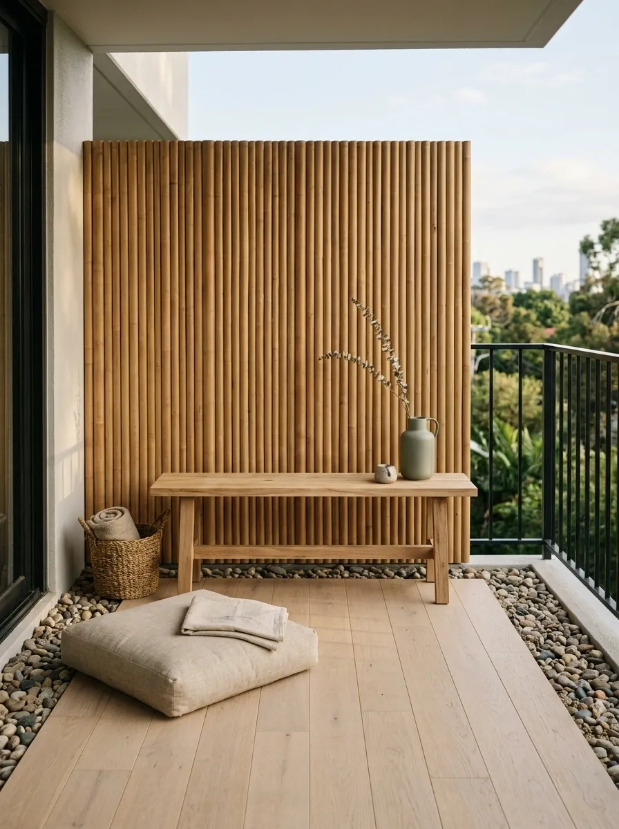 Minimal Japandi Balcony With Gravel, Bamboo, and Low Seating