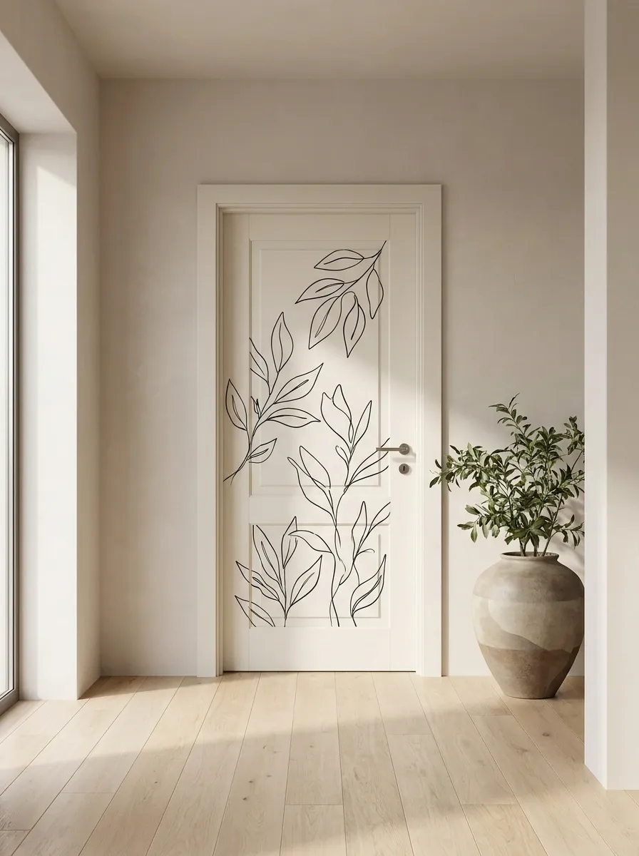 Minimal Line-Art Door Mural in a Calm Modern Entry