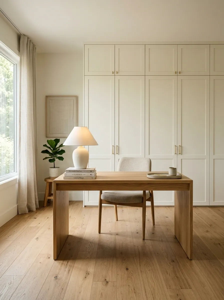 Minimal Office With a Full Wall of Closed Cabinets