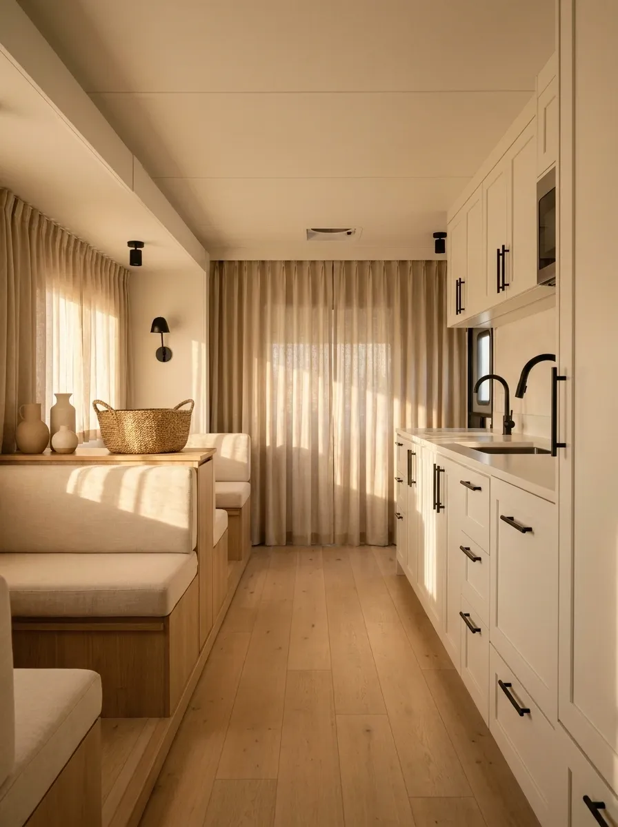 Minimal Sand-Colored Curtains in a Modern RV