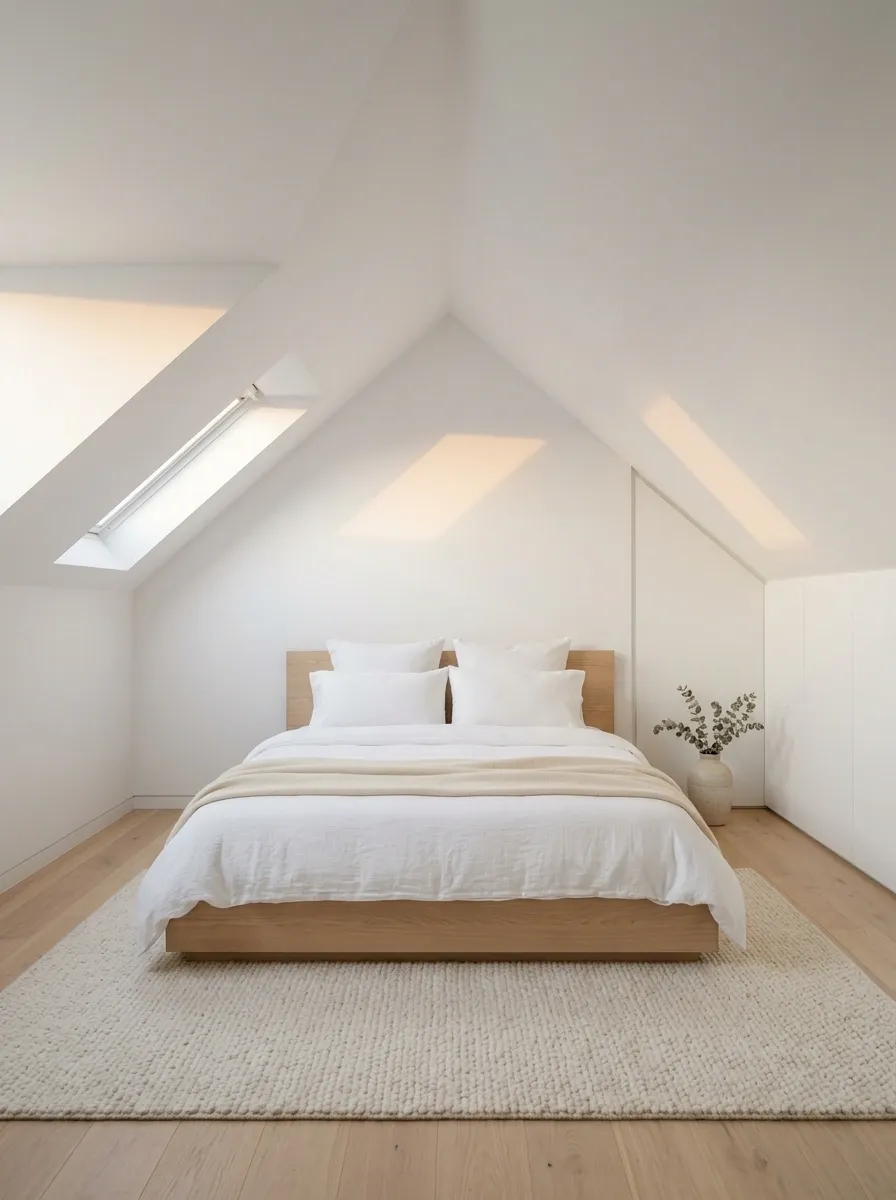 Minimal White Attic Bedroom With Almost No Decor