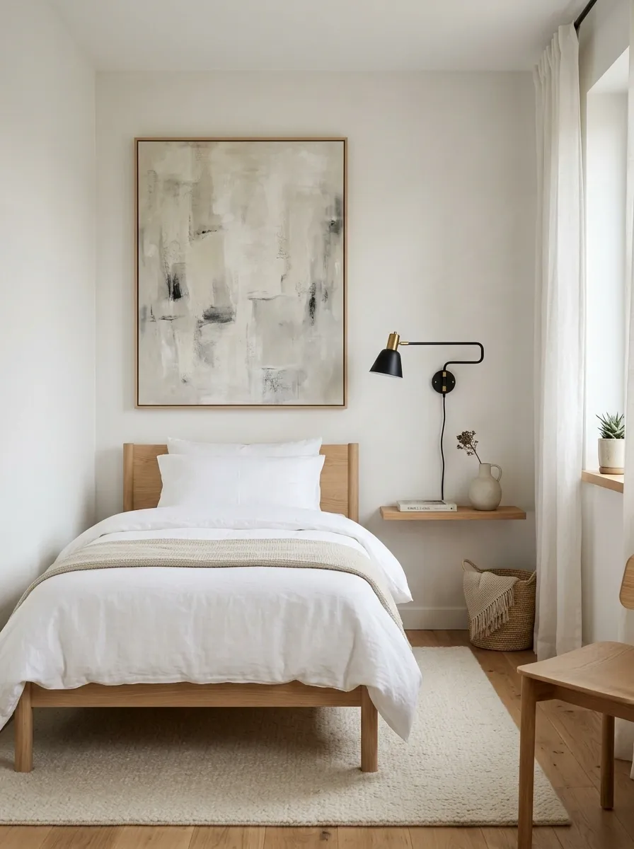 Minimal White Bedroom With One Oversized Artwork