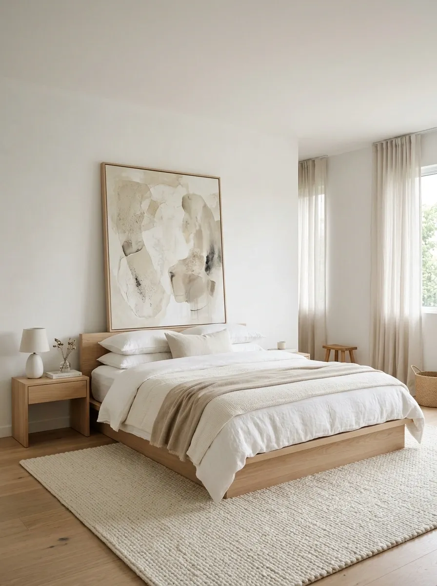 Minimal White Bedroom With One Oversized Artwork