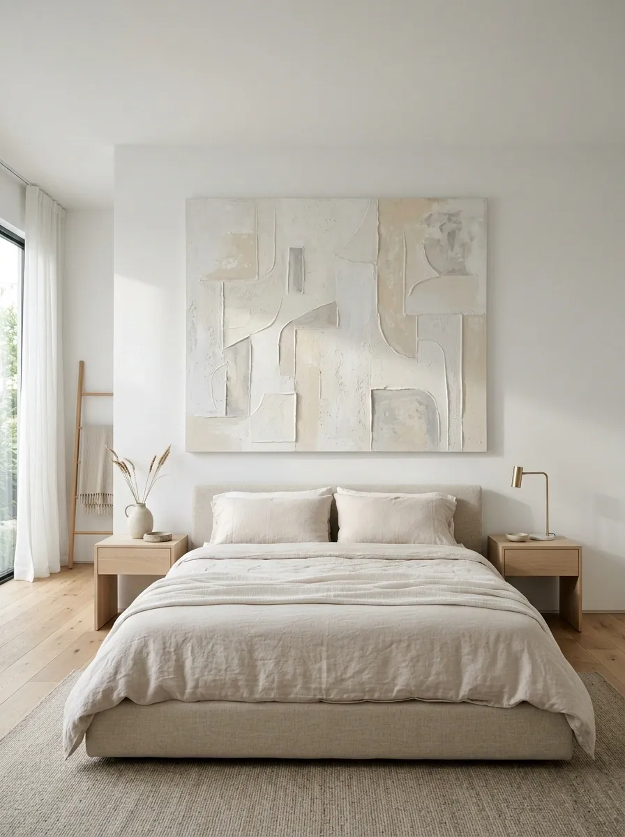 Minimal White Bedroom With One Oversized Textured Canvas