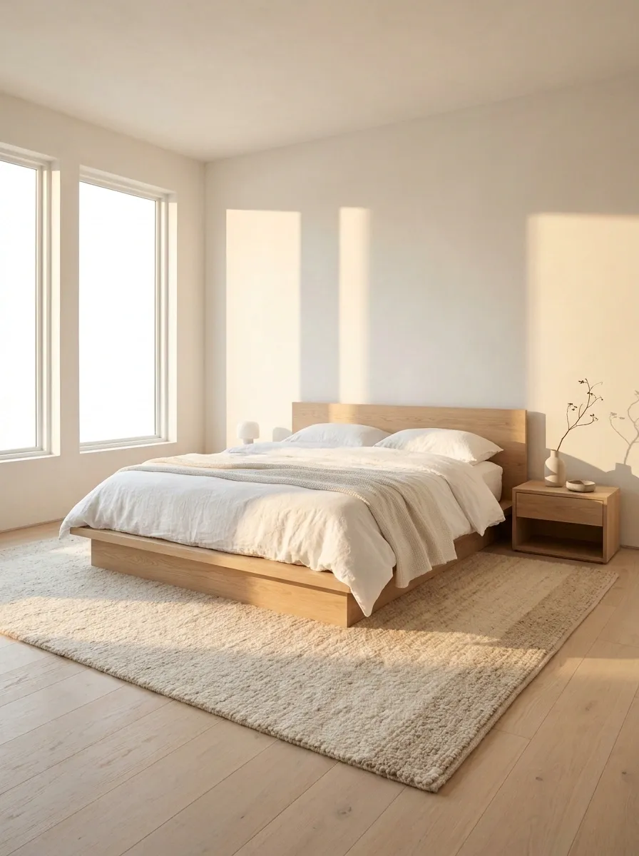 Minimal White Bedroom With Pale Oak and Low Furniture