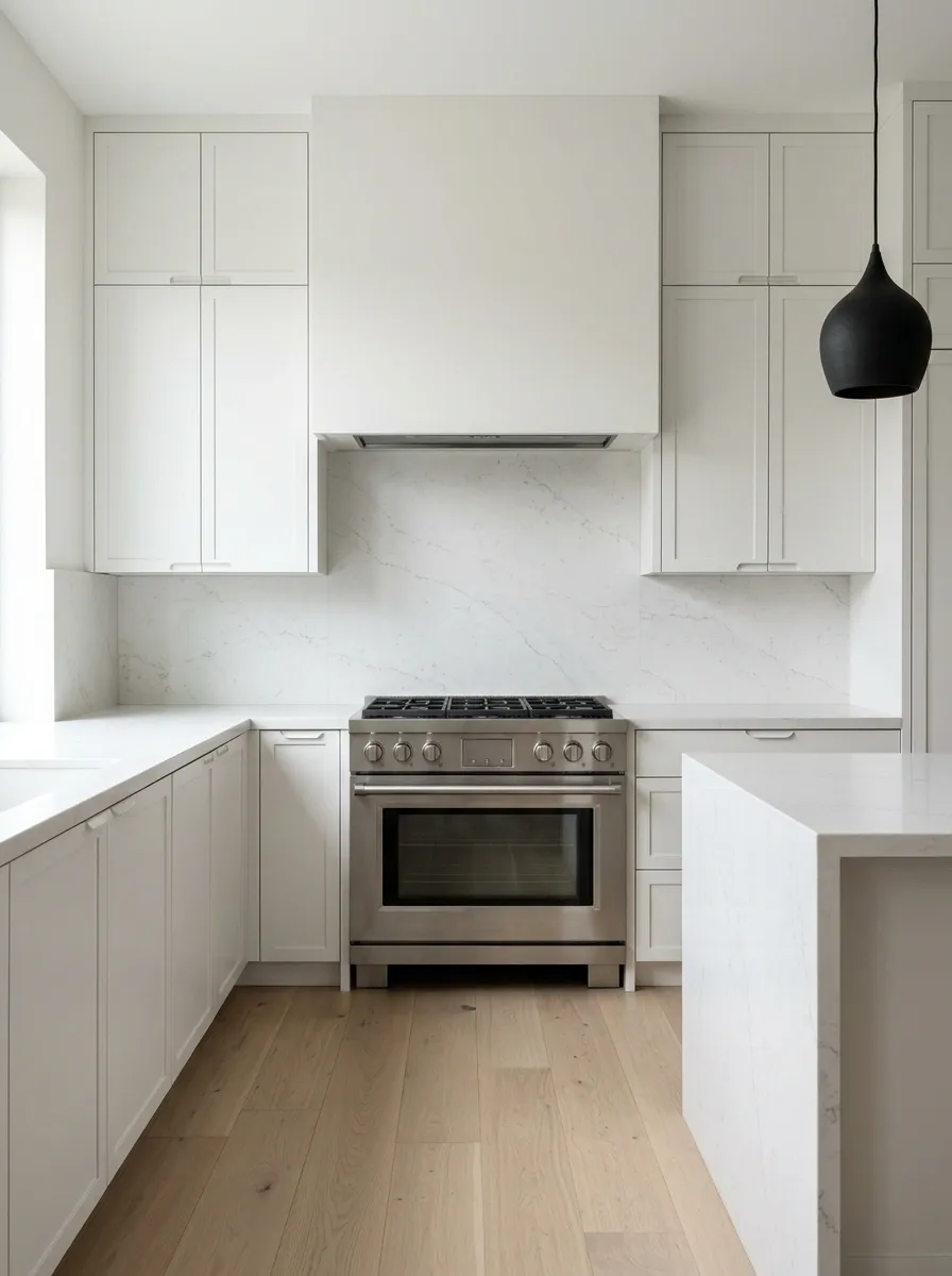 Minimal White Kitchen With Oversized Stone Slab Behind the Range