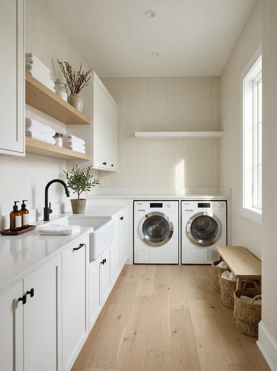 Minimal White Laundry Room With Tonal Textured Wallpaper