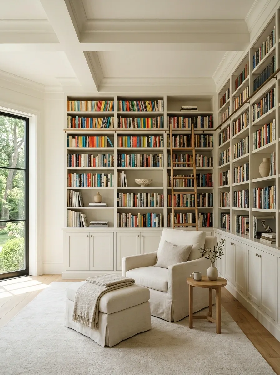 Minimal White Library With Hidden Storage