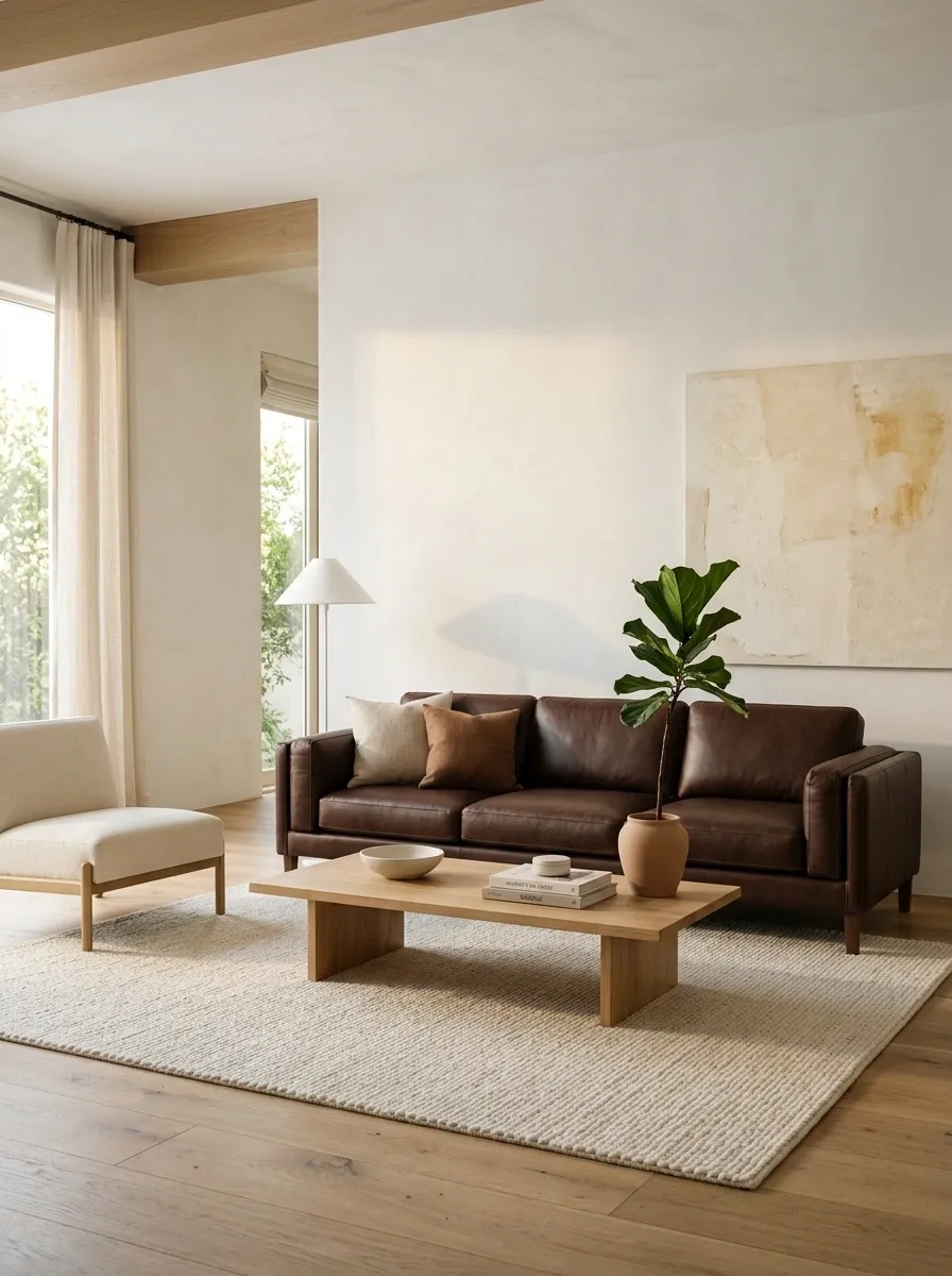 Minimal White Living Room With One Strong Brown Sofa