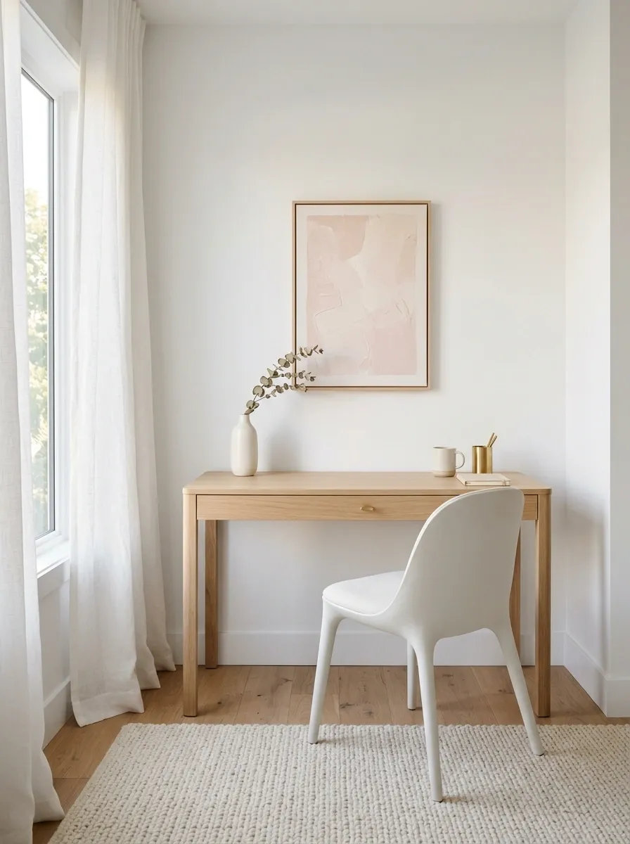 Minimal White Office With Soft Pink Accents