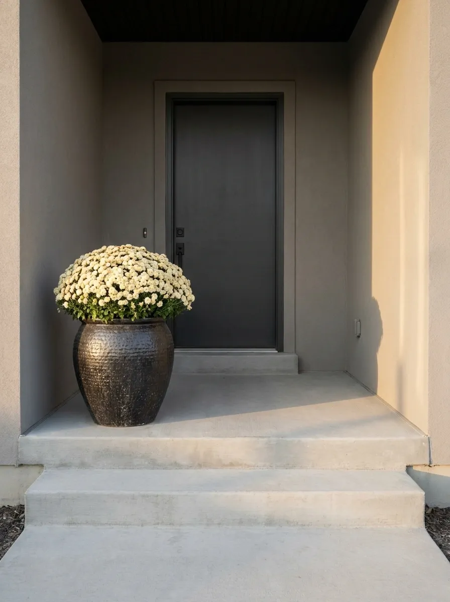 Minimalist Concrete Entry With One Massive Mum Arrangement