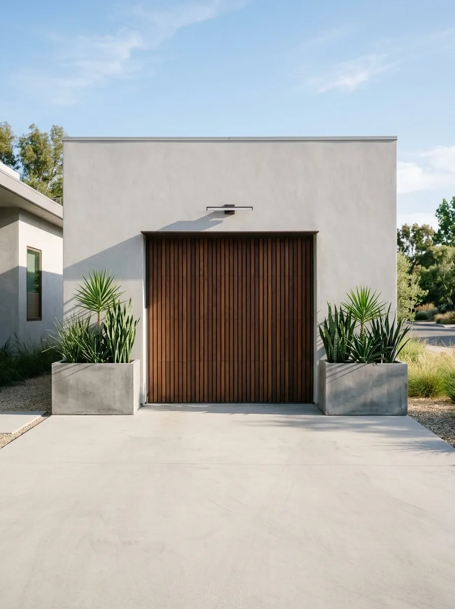 Minimalist Concrete Garage With One Strong Planter Pair