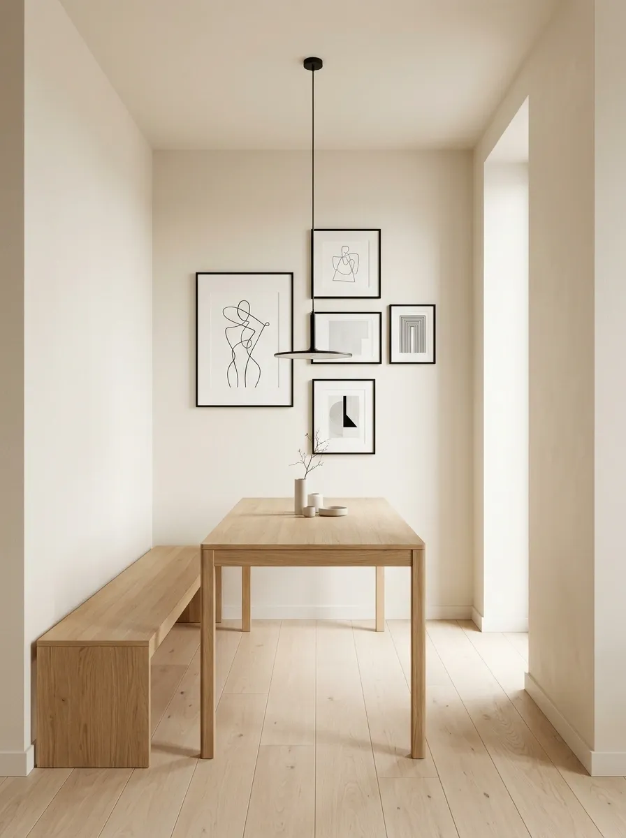 Minimalist Dining Room With One Long Bench and Gallery Wall